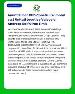 Anunt Public PUD Construire Imobil cu 2 Unitati Locative Valcovici And