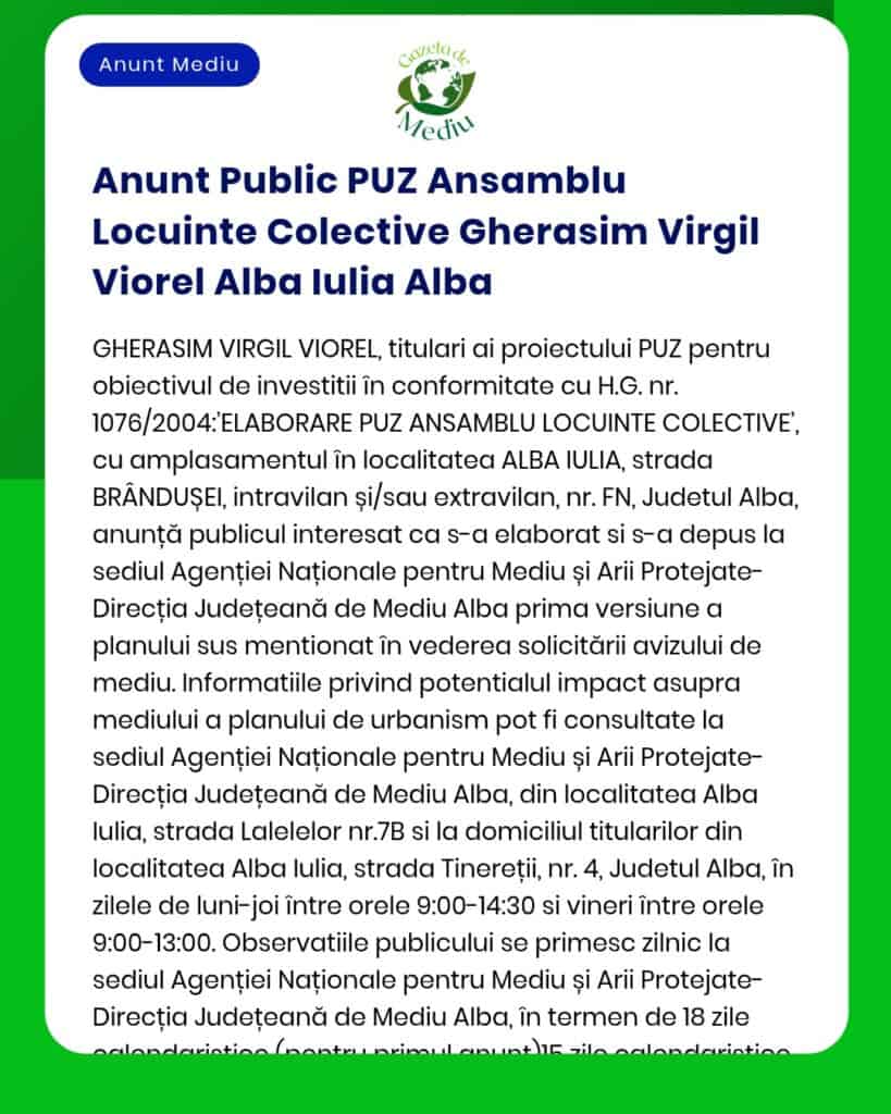 Anunt Public PUZ Ansamblu Locuinte Colective Gherasim Virgil Viorel Al