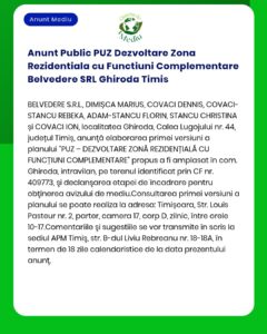 Anunt Public PUZ Dezvoltare Zona Rezidentiala cu Functiuni Complementa