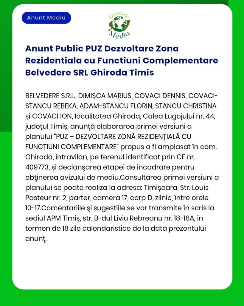 Anunt Public PUZ Dezvoltare Zona Rezidentiala cu Functiuni Complementa