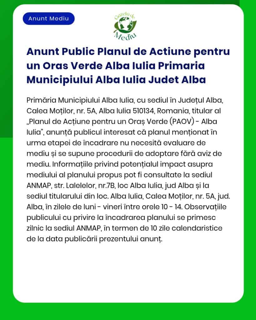 Anunt Public Planul de Actiune pentru un Oras Verde Alba Iulia Primari