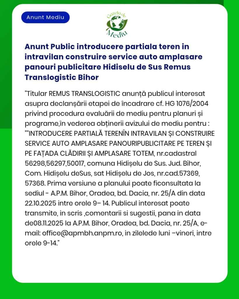 Anunt Public introducere partiala teren in intravilan construire servi