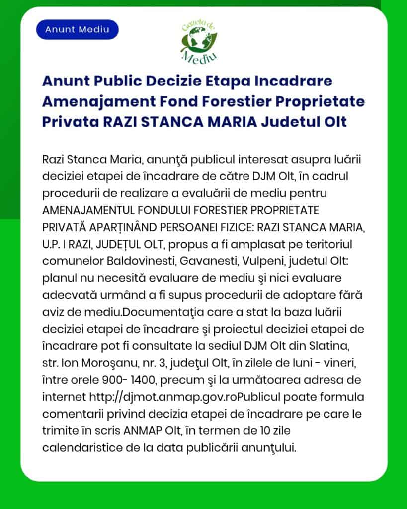 Anunt Public Decizie Etapa Incadrare Amenajament Fond Forestier Propri