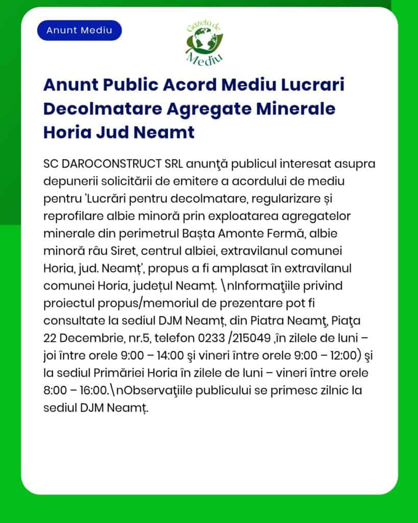 APM anunță solicitarea acordului de mediu pentru lucrări de extracție nisip și pietriș în localitatea Horia județul Neamț