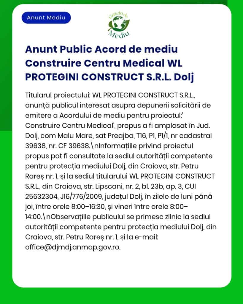 APM anunță emiterea acordului de mediu pentru construirea unui centru medical în Drăgănești județul Dolj