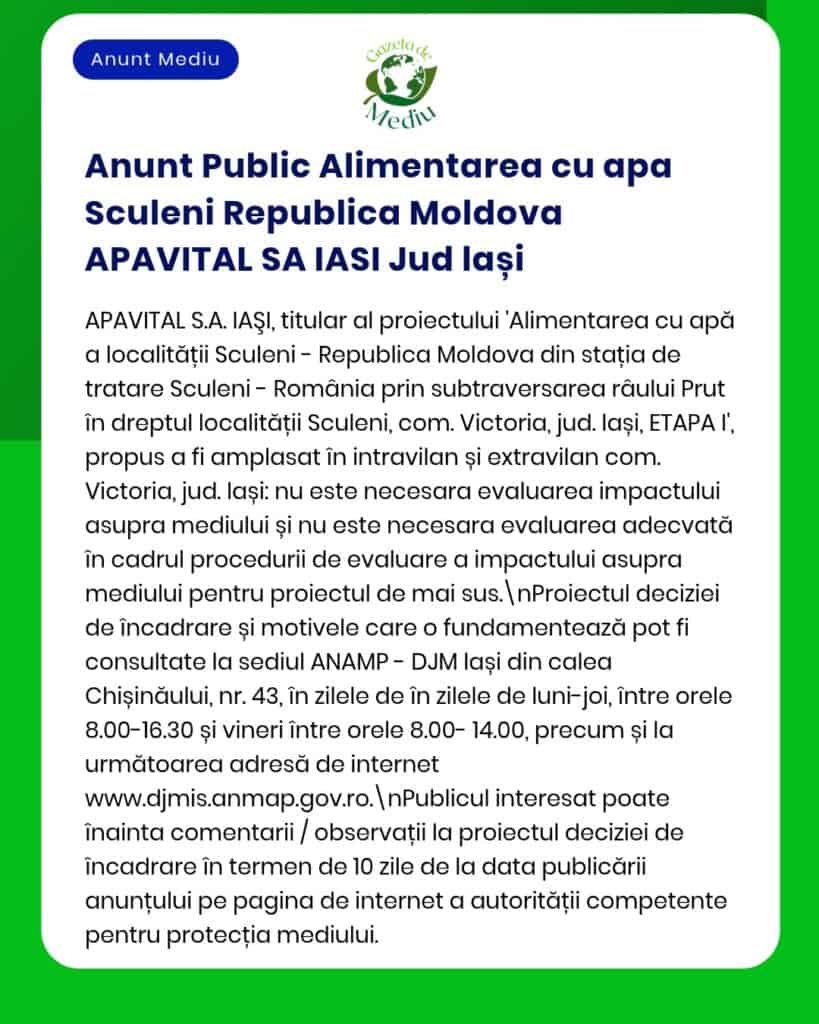 Alimentarea cu apă a localității Sculeni din Republica Moldova prin subtraversarea râului Prut inclusiv detalii despre evaluarea impactului proiectului