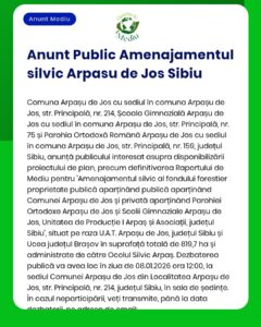 Anunț privind depunerea solicitării de emitere a acordului de mediu pentru proiectul 'Amenajamentul Silvic Arpașu de Jos' propus a fi amplasat în UAT Arpașu de Jos jud Sibiu