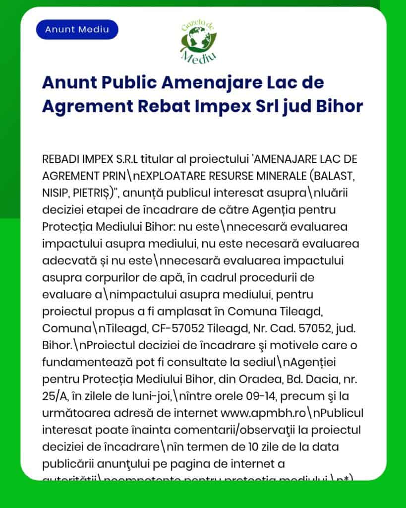 REBADI IMPEX SRL solicită evaluarea impactului asupra mediului pentru proiectul de amenajare lac în județul Bihor