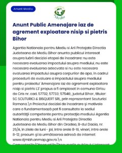 APM anunță evaluarea impactului asupra mediului pentru extracția de nisip și pietriș în comuna Șinteu județul Bihor