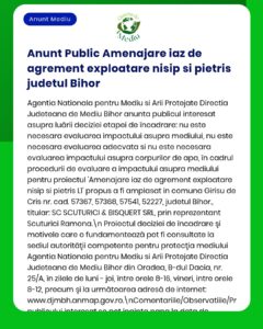 APM anunță solicitarea acordului de mediu pentru extracția nisipului și pietrișului din baltă în județul Bihor cu prezentarea raportului privind impactul asupra mediului