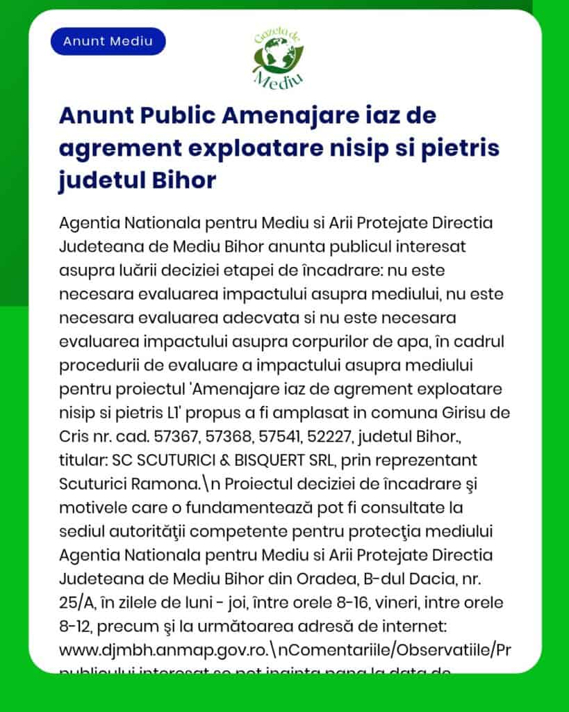 APM anunță solicitarea acordului de mediu pentru extracția nisipului și pietrișului din baltă în județul Bihor cu prezentarea raportului privind impactul asupra mediului