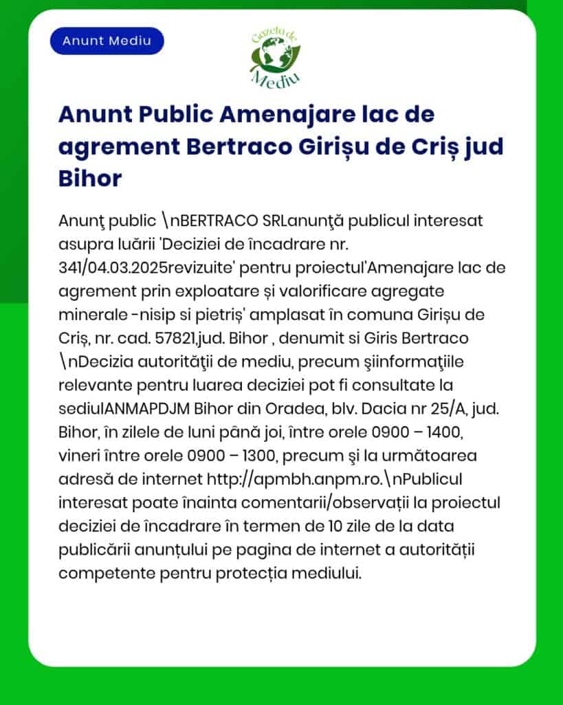 APM Bihor anunță solicitarea acordului de mediu pentru proiectul 'Amenajare lac de agrement' propus a fi amplasat în comuna Girișu de Criș județul Bihor