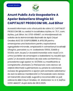 Anunț privind amenajarea unui balastier în Ghieghie, județul Bihor, de către SC CAPITALIST PRODCOM SRL.