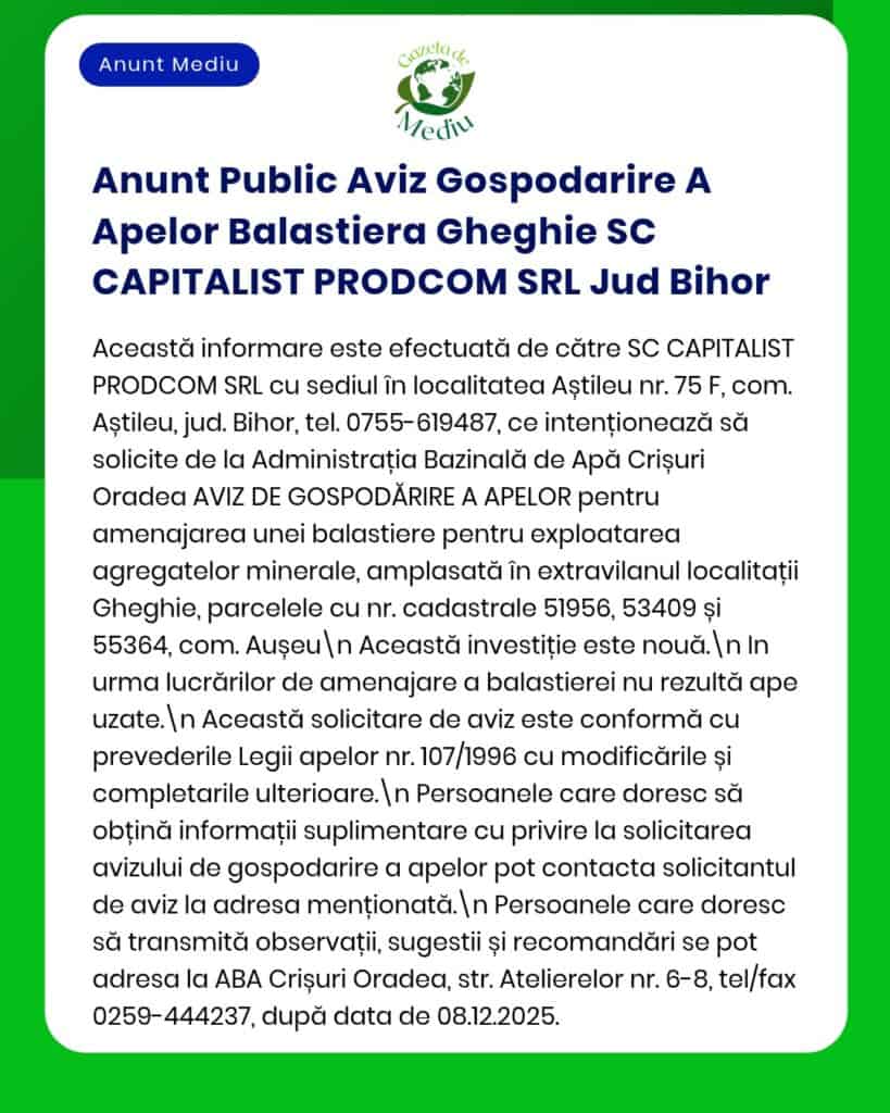 Anunț privind amenajarea unui balastier în Ghieghie, județul Bihor, de către SC CAPITALIST PRODCOM SRL.