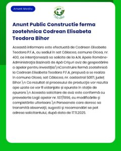 Codrean Elisabeta Teodora PFA solicită de la APM emiterea autorizației de gospodărire a apelor pentru fermă creștere animale în localitatea Olcea județul Bihor