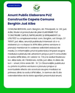 Se anunță elaborarea PUZ pentru comuna Berghin județul Alba Documentația a fost depusă la APM
