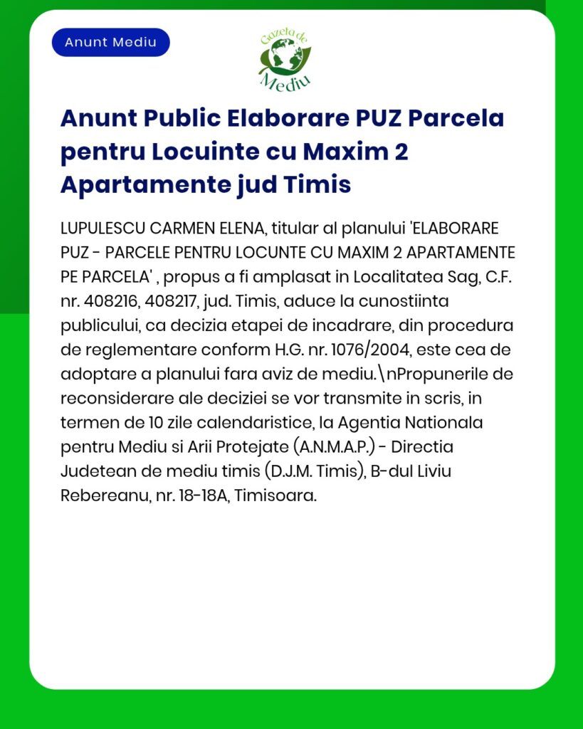 Documentație de urbanism pentru un imobil destinat a maxim două apartamente în județul Timiș procedură aferentă