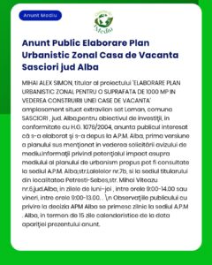 Elaborare PUZ - construire casă de vacanță loc Șaschiori jud Alba Titular dacă este specificat în anunț include-l aici exact cum apare textul integral altfel nu menționa titularul