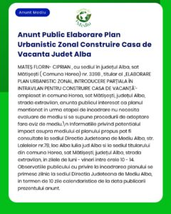 Anunț privind planul de construire a unei case de vacanță în Mătișești, Alba și detalii despre evaluarea de mediu.