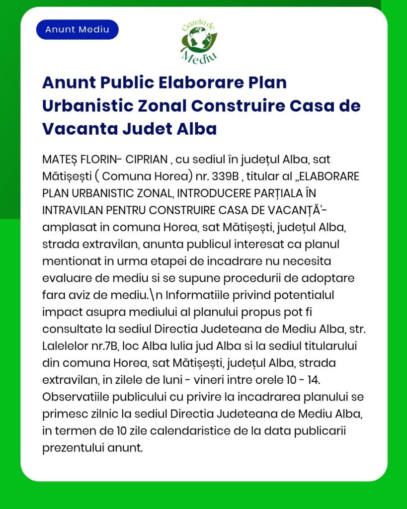 Anunț privind planul de construire a unei case de vacanță în Mătișești, Alba și detalii despre evaluarea de mediu.