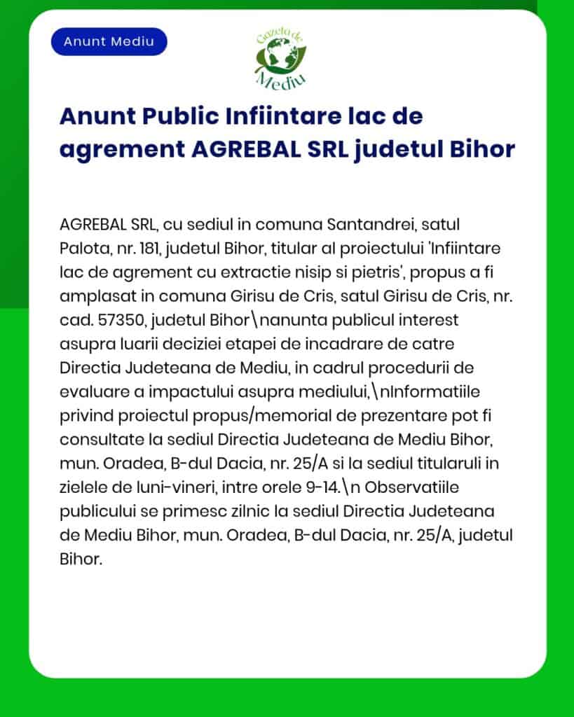 APM Bihor anunță depunerea solicitării de emitere a acordului de mediu pentru proiectul 'Amenajare lac agrement' propus a fi amplasat în județul Bihor titular AGREBAL SRL