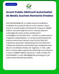 Anunț privind obținerea autorizației de mediu pentru Auchan România Oradea cu detalii despre activități și depunerea documentației la ANMAP DJBihor