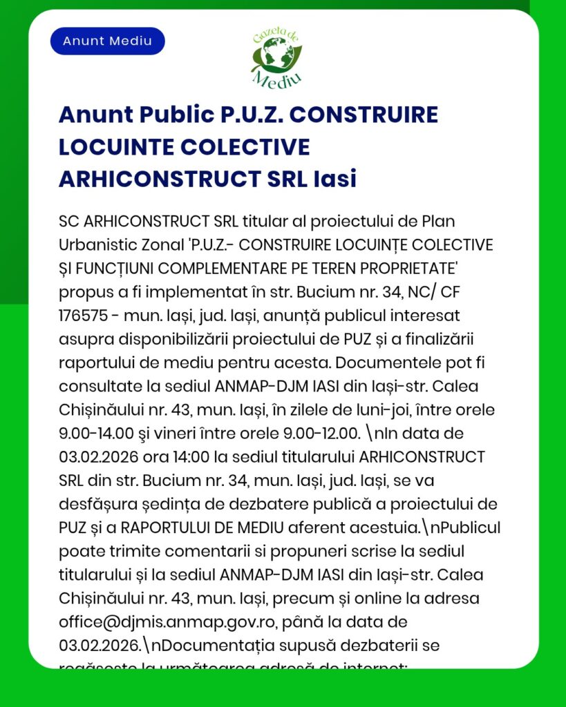 Anunț privind un proiect de locuințe colective propus în Iași, cu cerințe pentru aplicare și termene limită.
