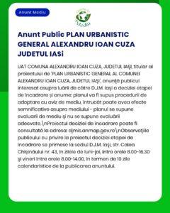 APM Iași anunță elaborarea proiectului de urbanism pentru comuna Alexandru Ioan Cuza evaluare de mediu în curs