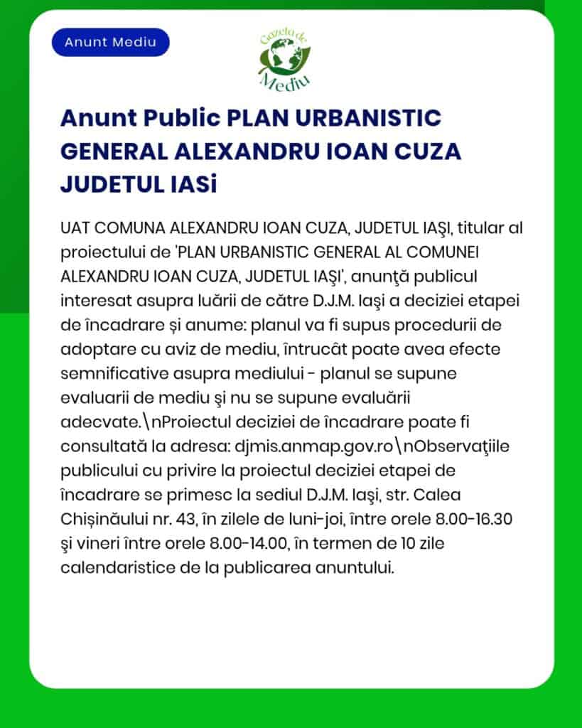 APM Iași anunță elaborarea proiectului de urbanism pentru comuna Alexandru Ioan Cuza evaluare de mediu în curs