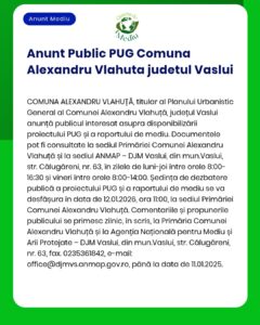 Anunț privind depunerea solicitării de emitere a acordului de mediu pentru proiectul 'Construire locuință familială și împrejmuire teren' titular Popescu Ion Comuna Alexandru Vlahuță jud Vaslui
