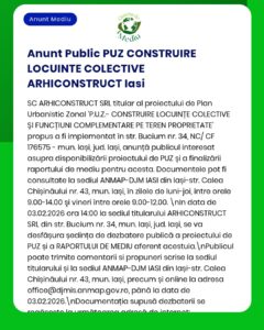 ARHICONSTRUCTII SRL anunță un plan urbanistic propus pentru locuințe colective în Iași.
