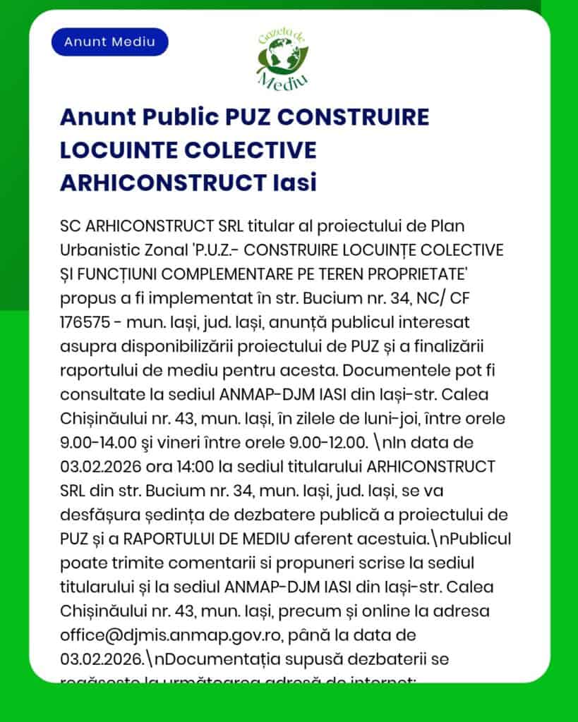 ARHICONSTRUCTII SRL anunță un plan urbanistic propus pentru locuințe colective în Iași.
