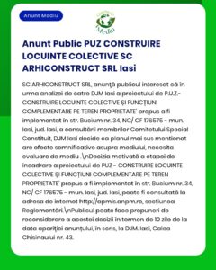 APM Iași anunță depunerea solicitării de emitere a acordului de mediu pentru proiectul propus de ARHICONSTRUCT SRL pe strada Bucium municipiul Iași