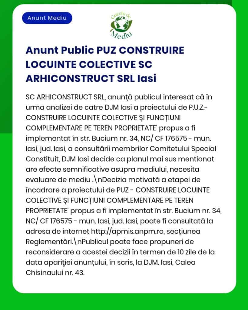 APM Iași anunță depunerea solicitării de emitere a acordului de mediu pentru proiectul propus de ARHICONSTRUCT SRL pe strada Bucium municipiul Iași