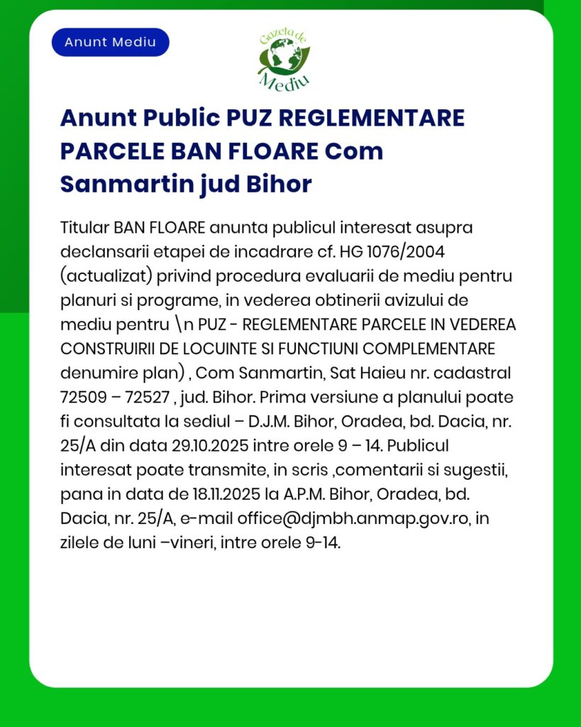 Plan Urbanistic Zonal - construire locuințe și funcțiuni complementare în comuna Sânmartin județul Bihor