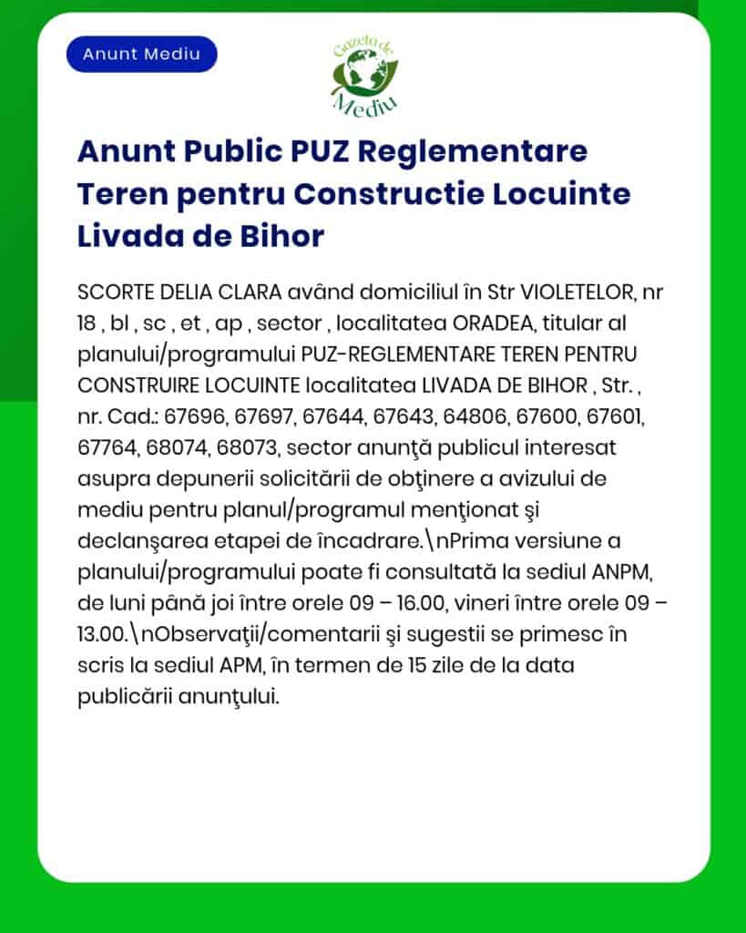 Anunț public privind reglementările planului urbanistic pentru proprietatea din Livada de Bihor cu detalii despre numerele cadastrale