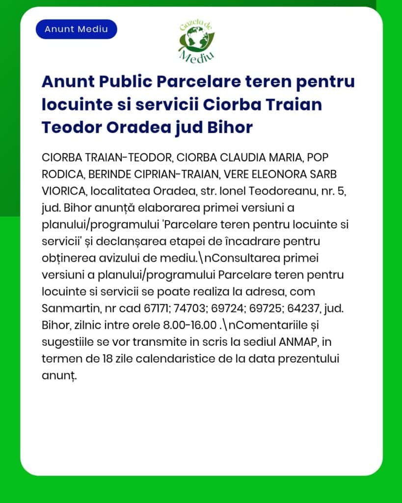 Anunț privind terenuri pentru locuințe și servicii Ciorba Teodor în Oradea Bihor cu detalii despre locație și perioadă