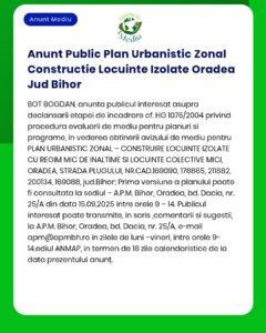 APM anunță depunerea solicitării de emitere a acordului de mediu pentru proiectul construire locuință izolată în Județul Bihor