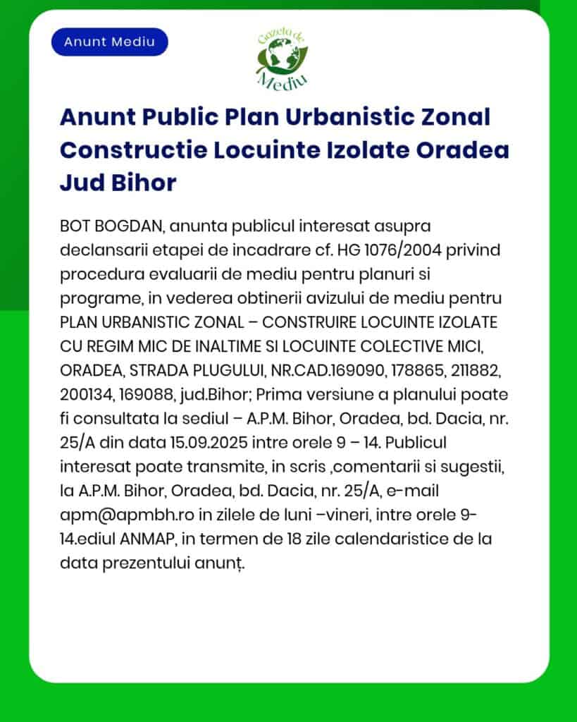 APM anunță depunerea solicitării de emitere a acordului de mediu pentru proiectul construire locuință izolată în Județul Bihor