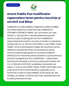 Anunț privind modificarea planului urbanistic pentru locuințe și servicii în Bihor, cu nume persoane implicate.