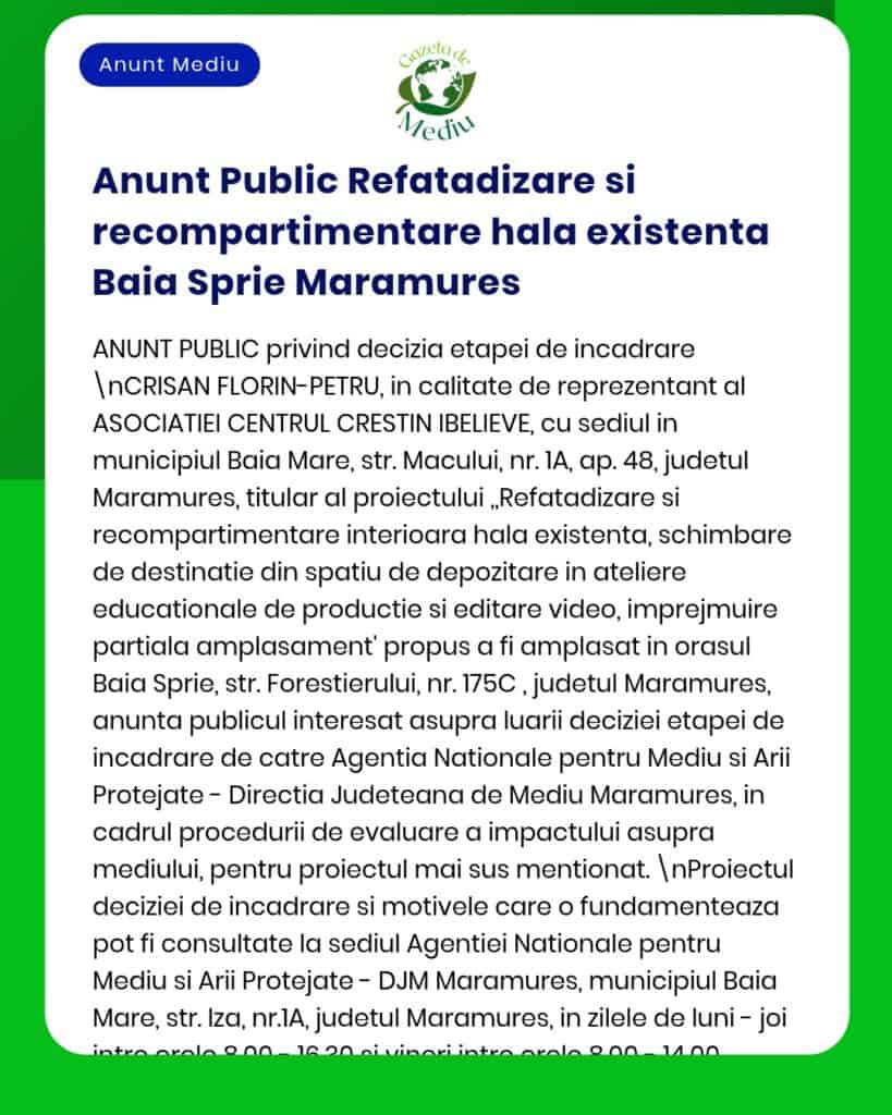 Refuncționalizare și reamenajare interioară sală existentă Baia Sprie județul Maramureș