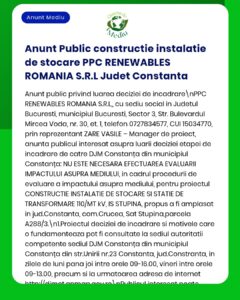 APM Constanța anunță luarea deciziei de încadrare fără evaluarea impactului asupra mediului pentru proiectul 'Instalație de depozitare' titular NPPC RENEWABLES ROMANIA SRL