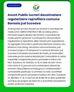 APM anunță emiterea acordului de mediu pentru lucrări minore de terasamente și exploatare agregate minerale în Boroaia județul Suceava