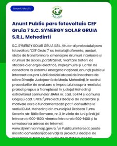 Parc fotovoltaic CEF Gruia 7 titular SC SYNERGY SOLAR GRUIA SRL documentație depusă la APM