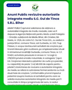 APM anunță revizuirea autorizației de mediu pentru SC Oul de Tinca SRL conform prevederilor legale și procedurale în vigoare