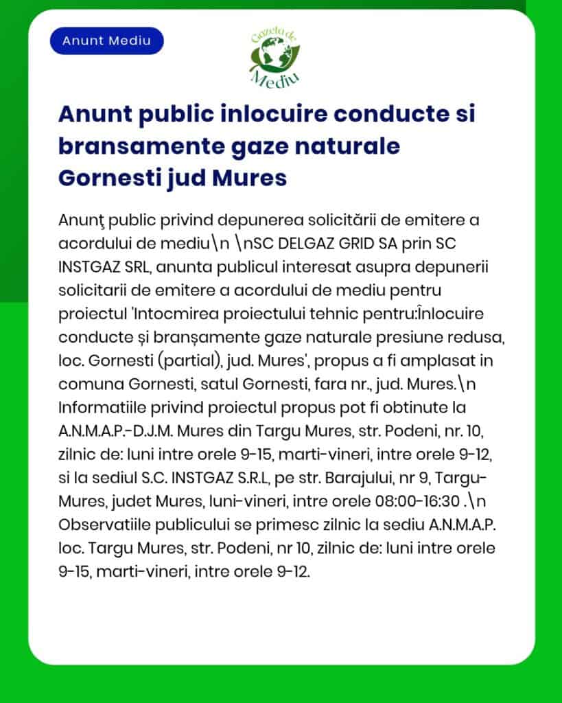 Cerere pentru înlocuire conductă de gaze naturale în Gornești județul Mureș