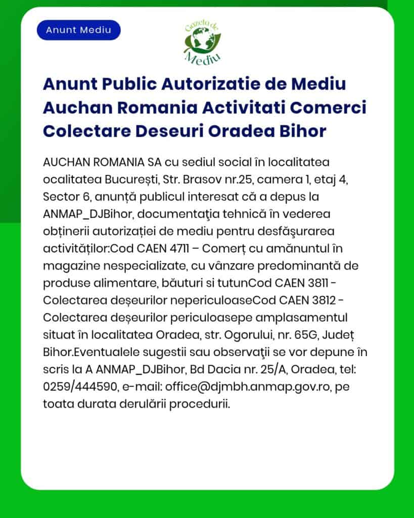 Anunt Public Autorizatie de Mediu Auchan Romania Activitati Comerci Co