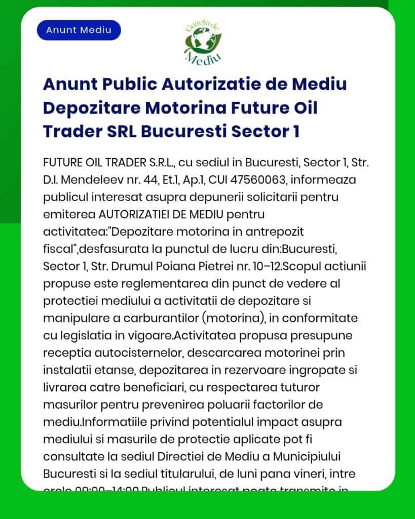 Anunt Public Autorizatie de Mediu Depozitare Motorina Future Oil Trade