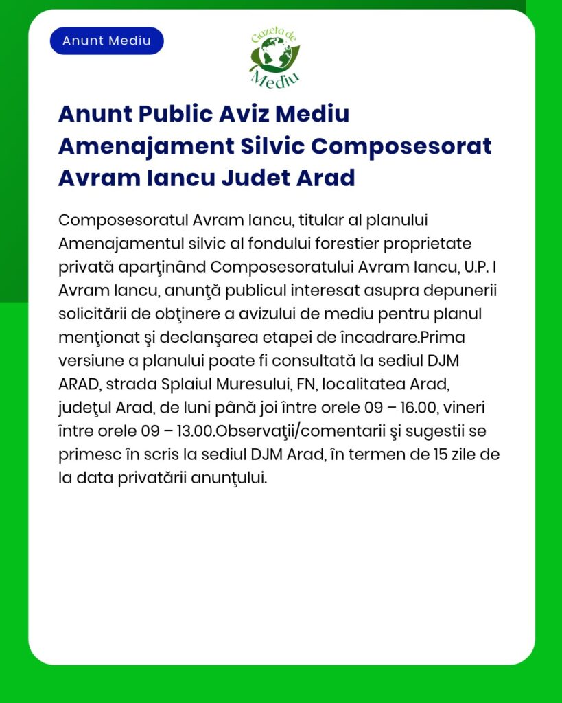 Anunt Public Aviz Mediu Amenajament Silvic Composesorat Avram Iancu Ju