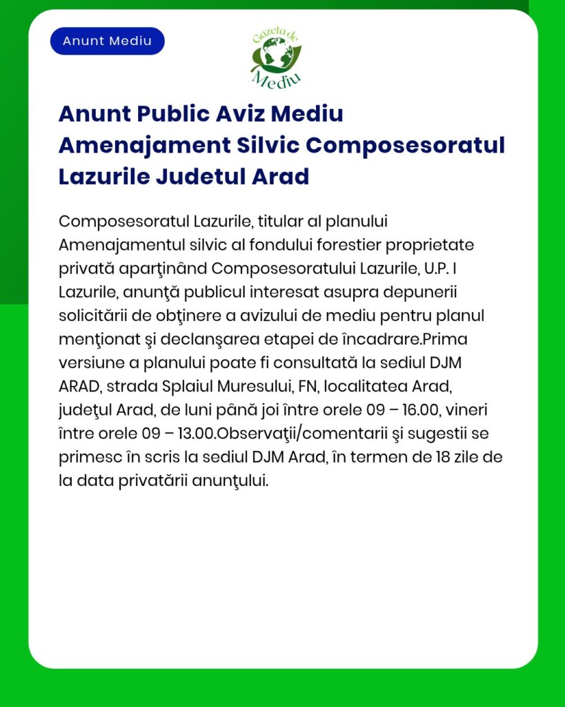 Anunt Public Aviz Mediu Amenajament Silvic Composesoratul Lazurile Jud
